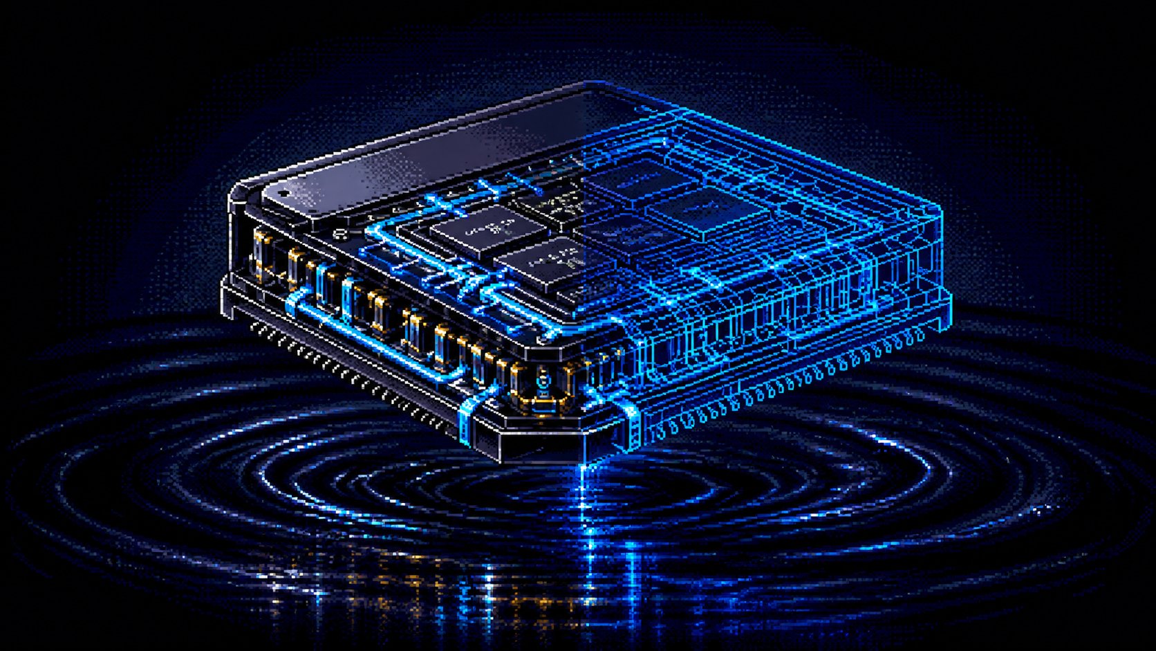 An absurd AI rendering of a fake computer chip that runs on water. We thought it was funny.